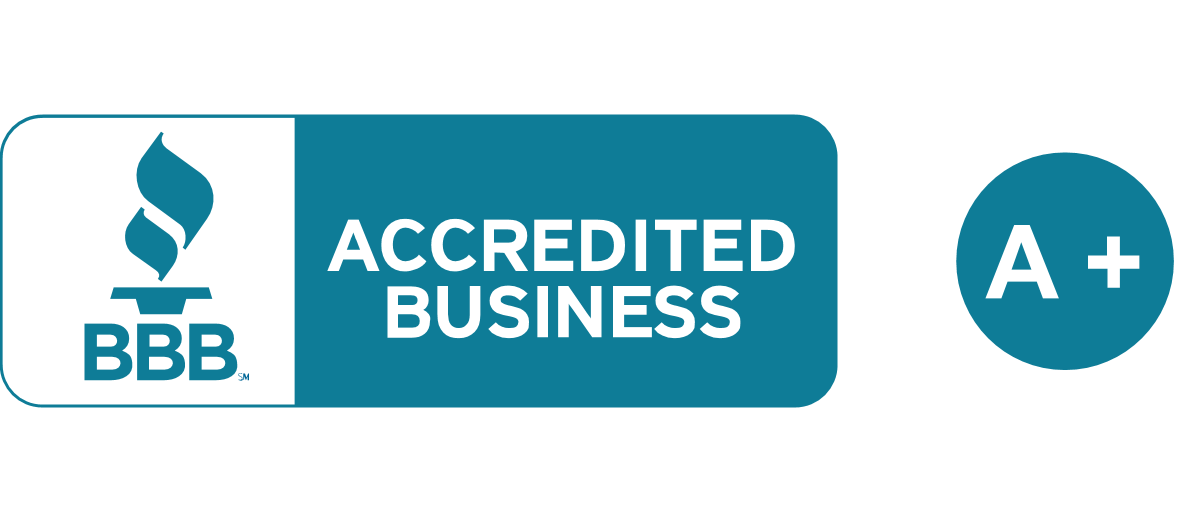 A blue and white logo for accredited business.