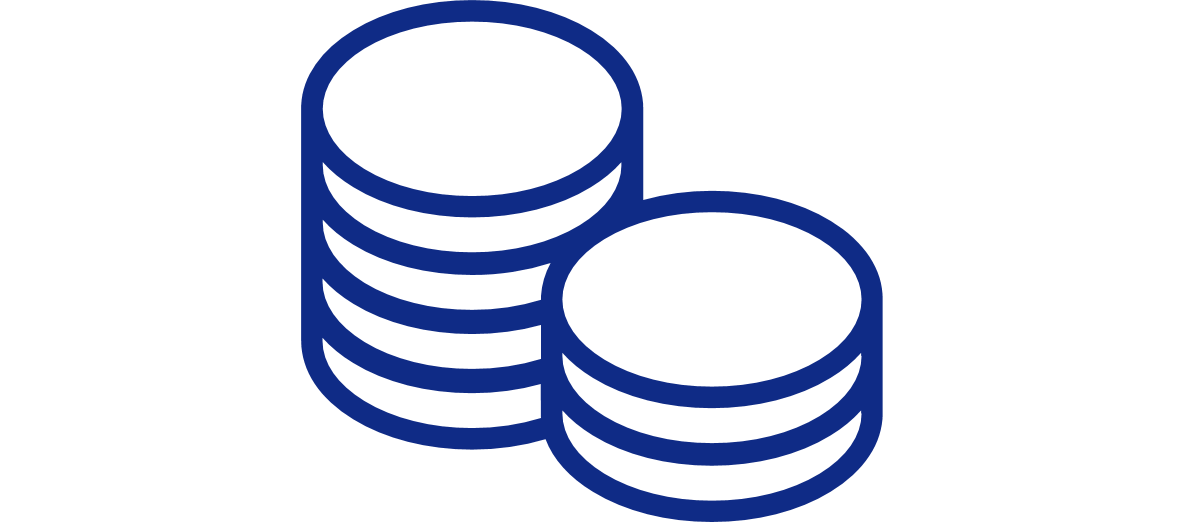 A blue circle with four stacks of coins